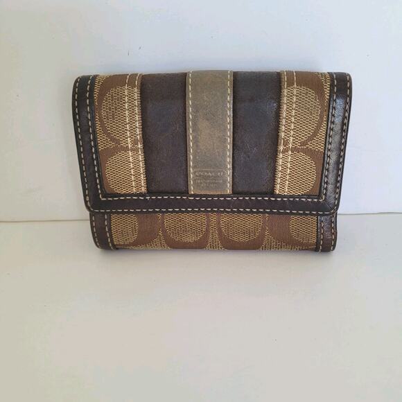 COACH Vtg Card Bill Holder Brown Small Small Mini Wallet Geniue Leather Canvas - Picture 1 of 10